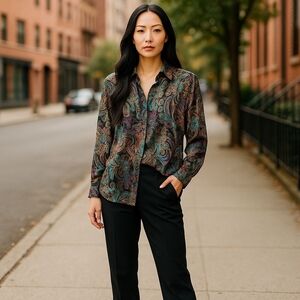 Etcetera Colorful Paisley Floral 100% Silk Button-Up Shirt Sz 8 Wt395